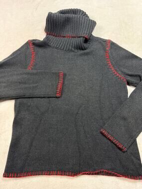 Ecru Cowl Neck Sweater Charcoal Grey Red Blanket Stitch Modern Craft Women Sz Lg